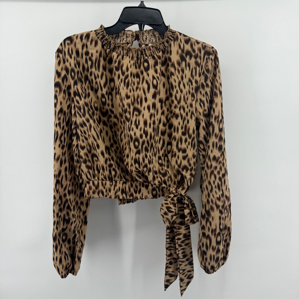 Leopard Print Long Sleeve Blouse Tie Waist Smocked Neckline Trendy Chic‎ Top Bow